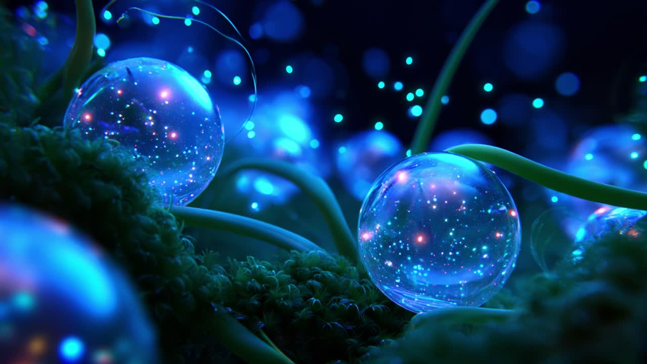 A Mesmerizing Display of Translucent Orbs Surrounded by Lush Greenery and Radiant Glowing Particles, Creating a Dreamlike Atmosphere Filled with Enchantment and Wonder in a Vivid Fantasy Setting