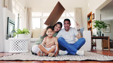 Roof,-house-and-smile-with-family-in-living-room