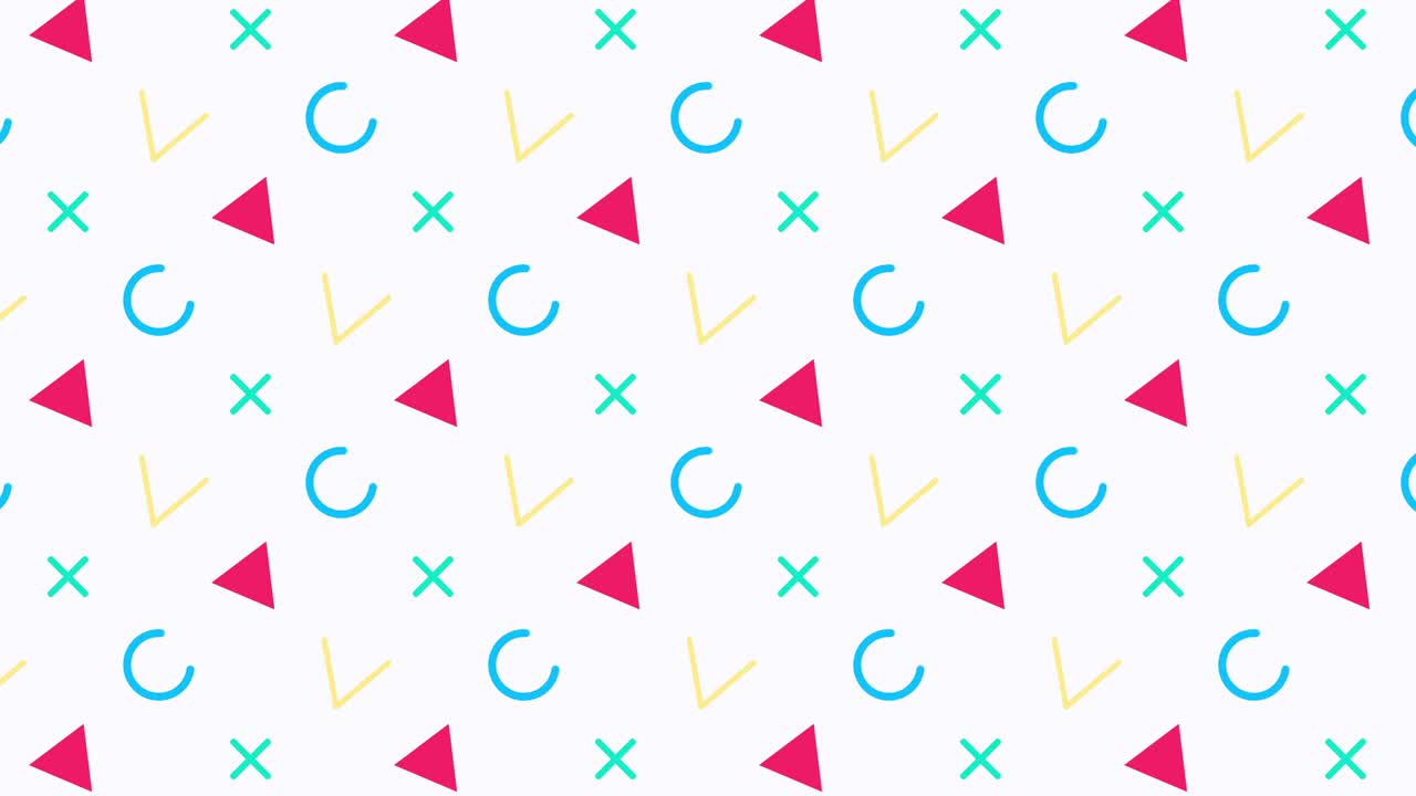 Retro abstract design pattern background with colorful triangles, circles, lines and zigzags. Memphis style with geometrical shapes. Loop.
