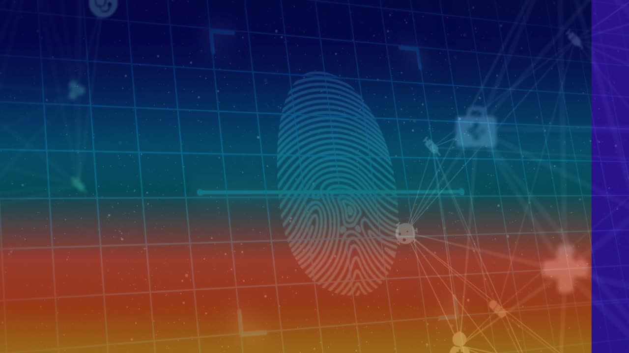 animaciones de la red de conexiones y huellas dactilares sobre fondo azul y naranja