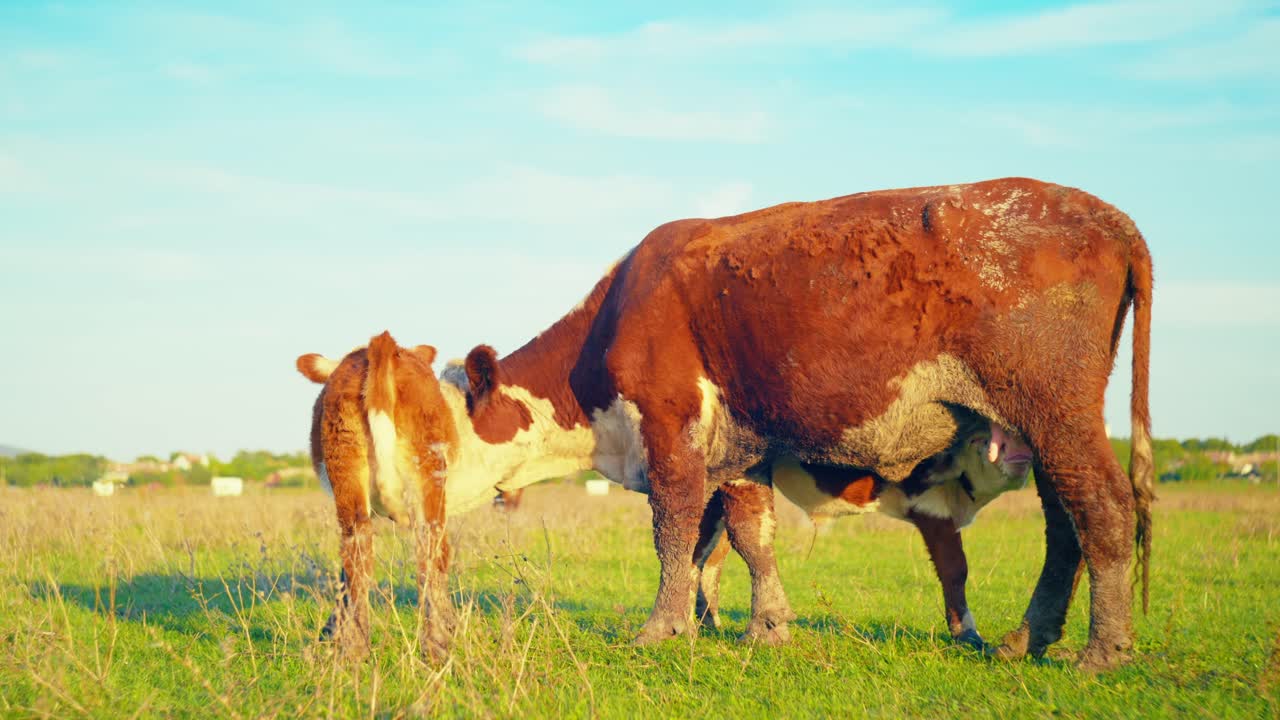 Cows Enjoying Fresh Grass in the Tranquil Silence of a Beautiful, Sunny Autumn Day.