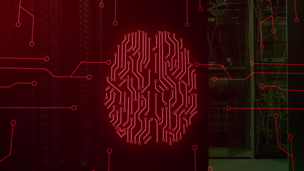 animación de la placa de circuitos de la computadora y el cerebro digital sobre la sala del servidor.
