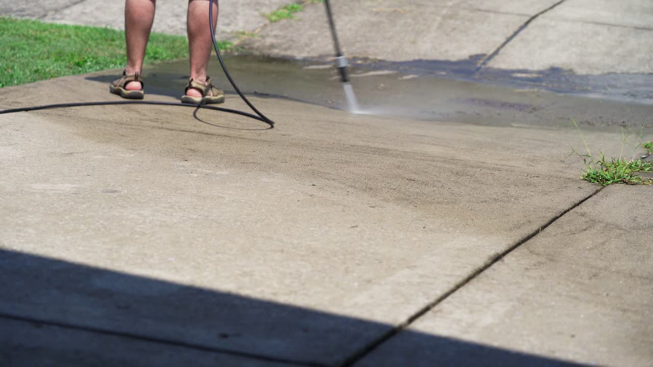 hombre lavado a presión hormigón sucio en el calor