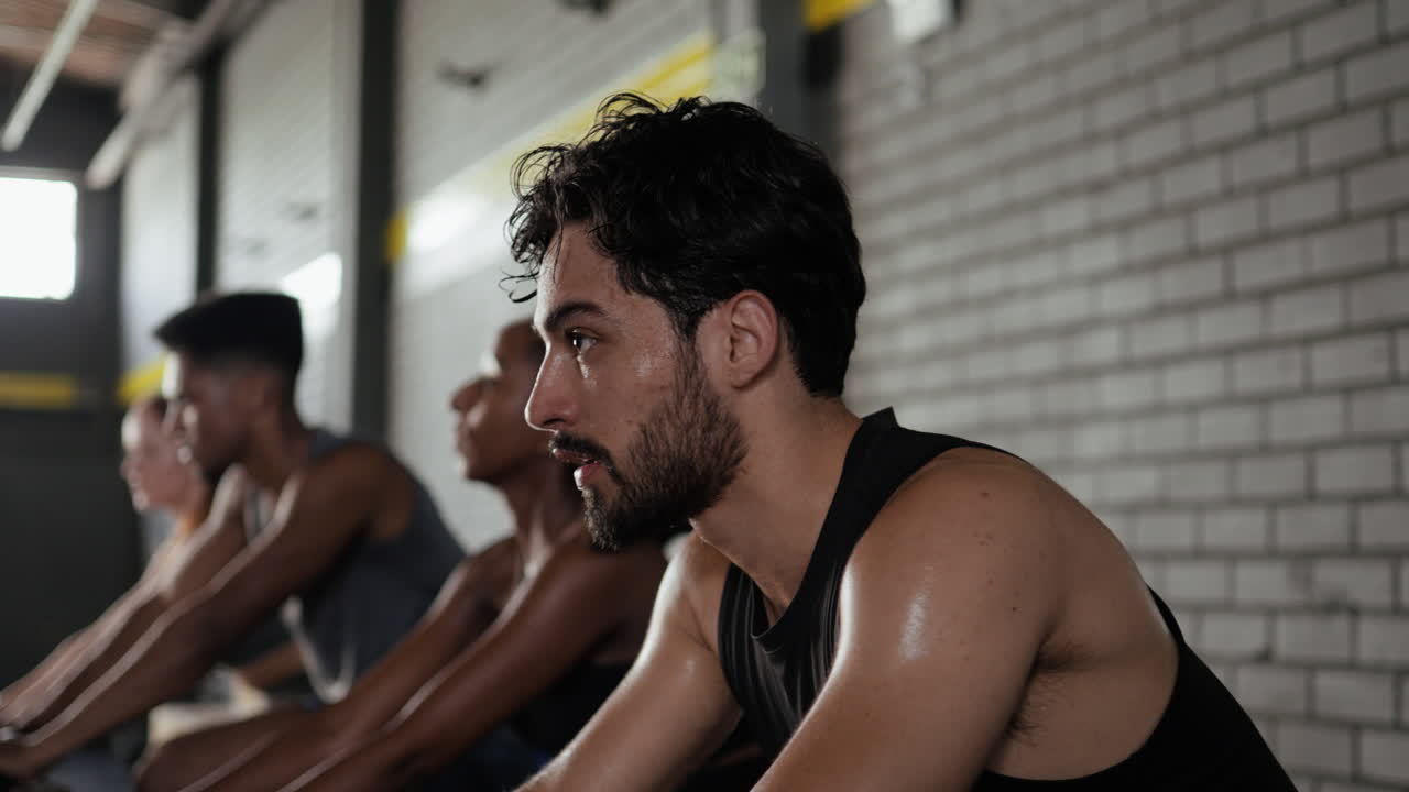 체육관 에서 운동 자전거 를 타고 운동 하는 사람 들