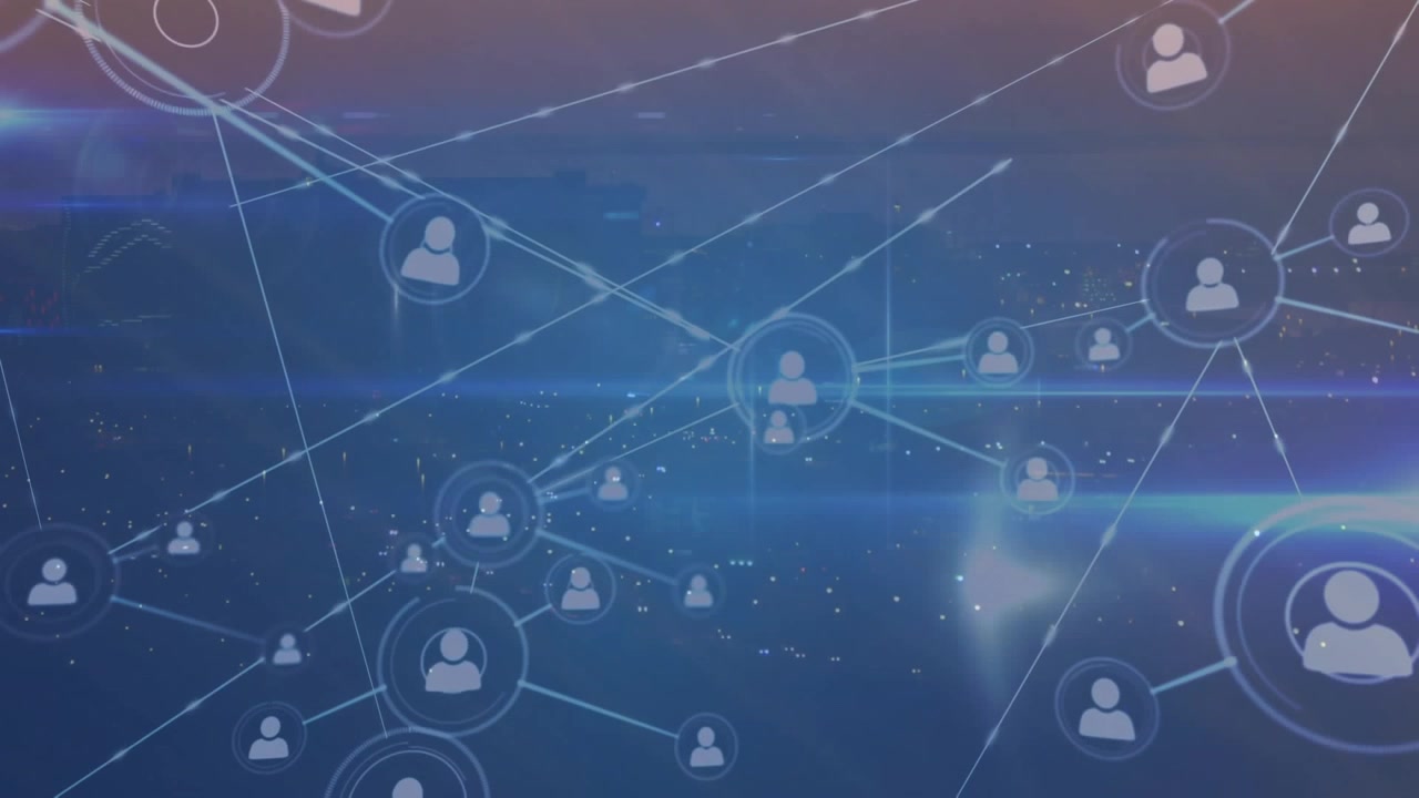 Animation of network of profile icons and blue light trails against aerial view of night cityscape