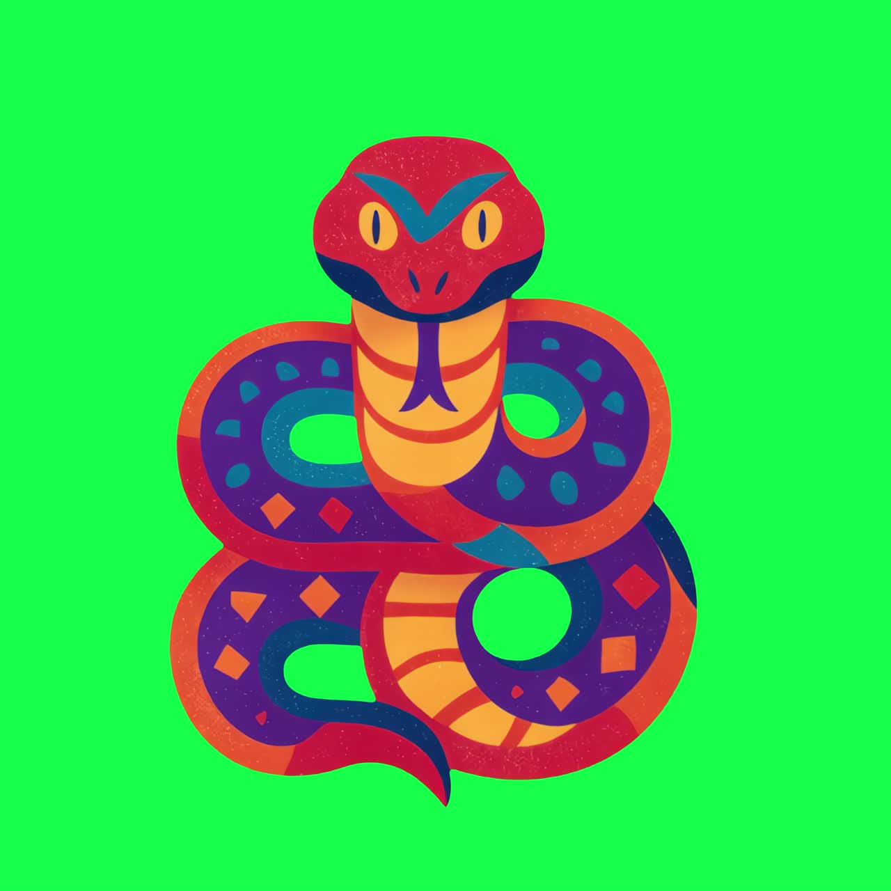 Animazione di un'illustrazione colorata di un serpente, video 4K trasparente, green screen