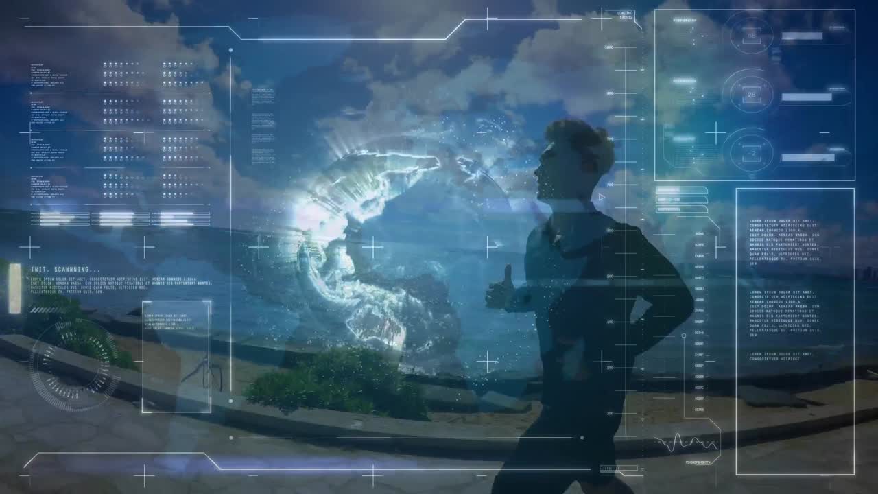 해변에서 달리는 적합한 사람에 대한 데이터 처리 애니메이션