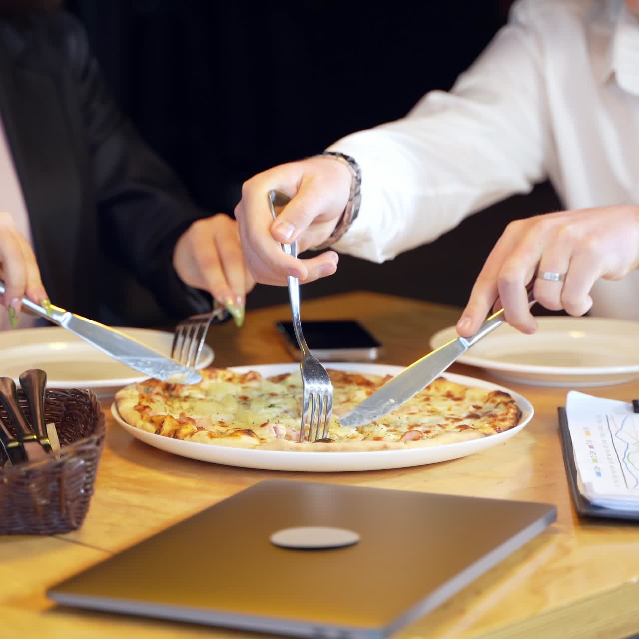 Business pizza corporative with attractive workers. Office celebration