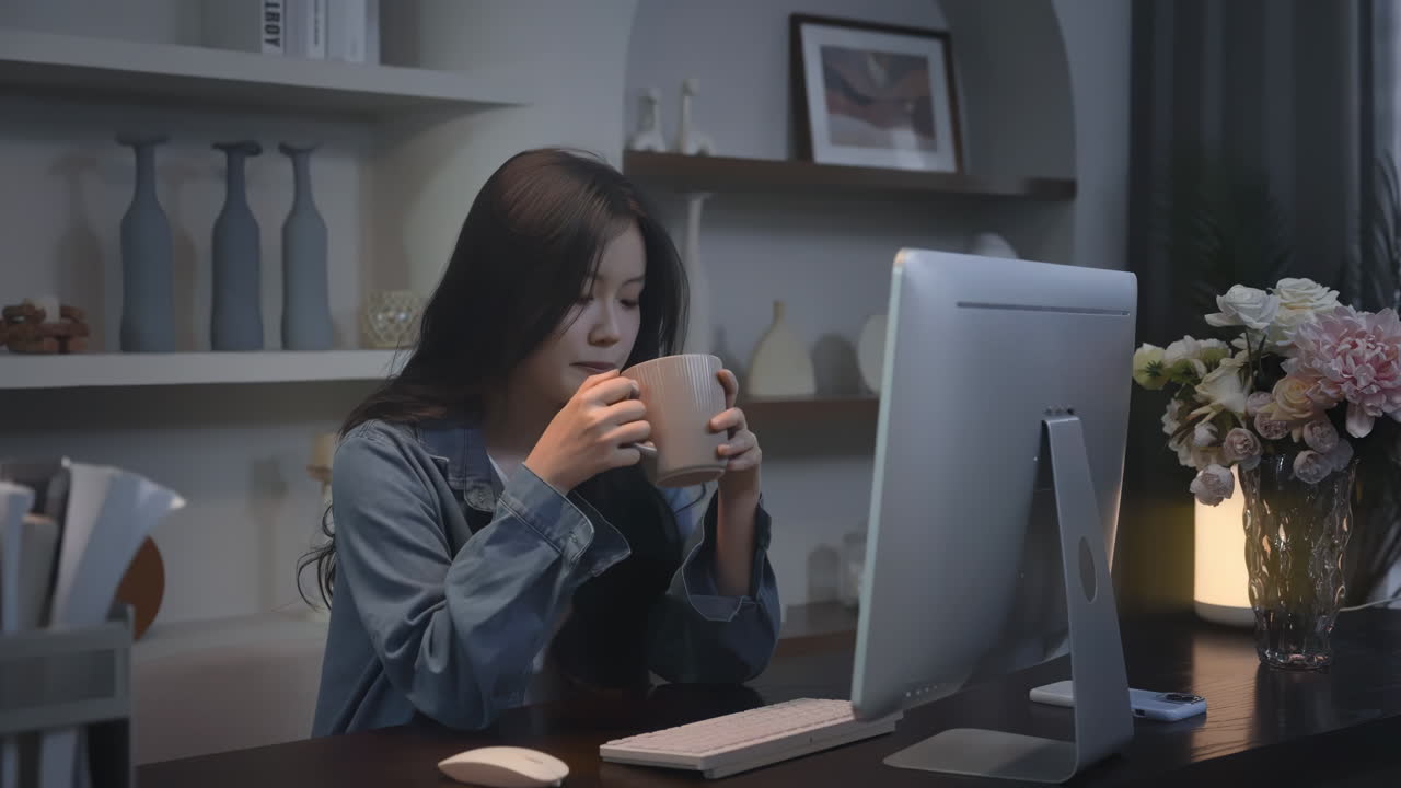 Busy businesswoman working overtime in the night at her desk is stressed and confused, typing on a laptop computer and drinking hot coffee or tea to be awake and inspired