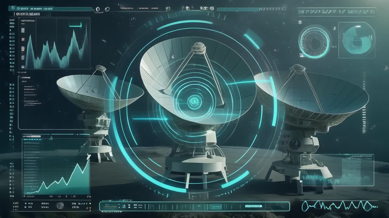 Antenne paraboliche futuristiche sulla superficie lunare con interfaccia HUD digitale