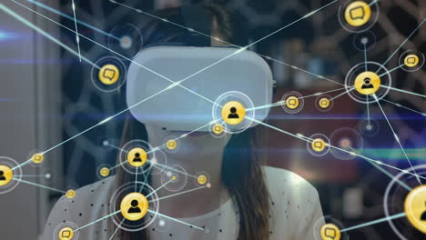animation of network of connections over caucasian woman using vr headset