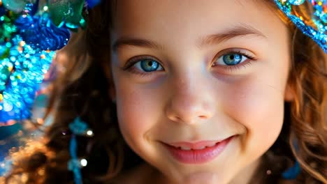 a young girl with blue eyes and a blue butterfly headpiece