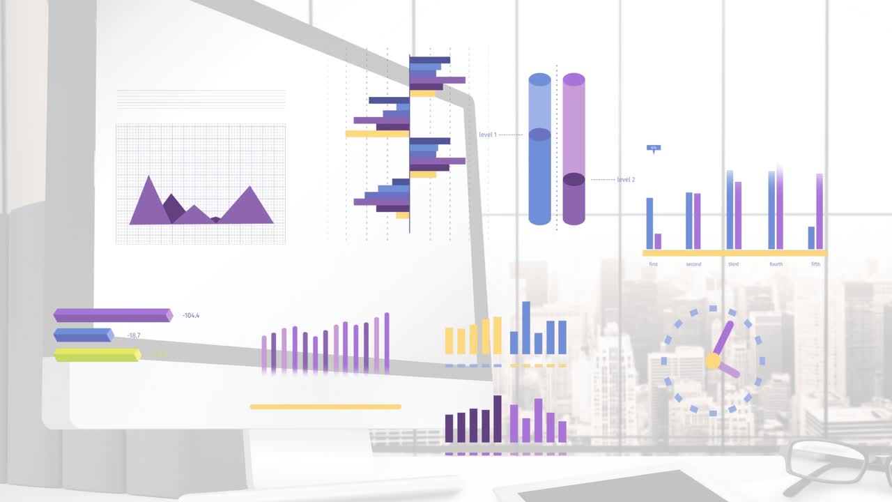 Animation of financial data processing over computer on office desk