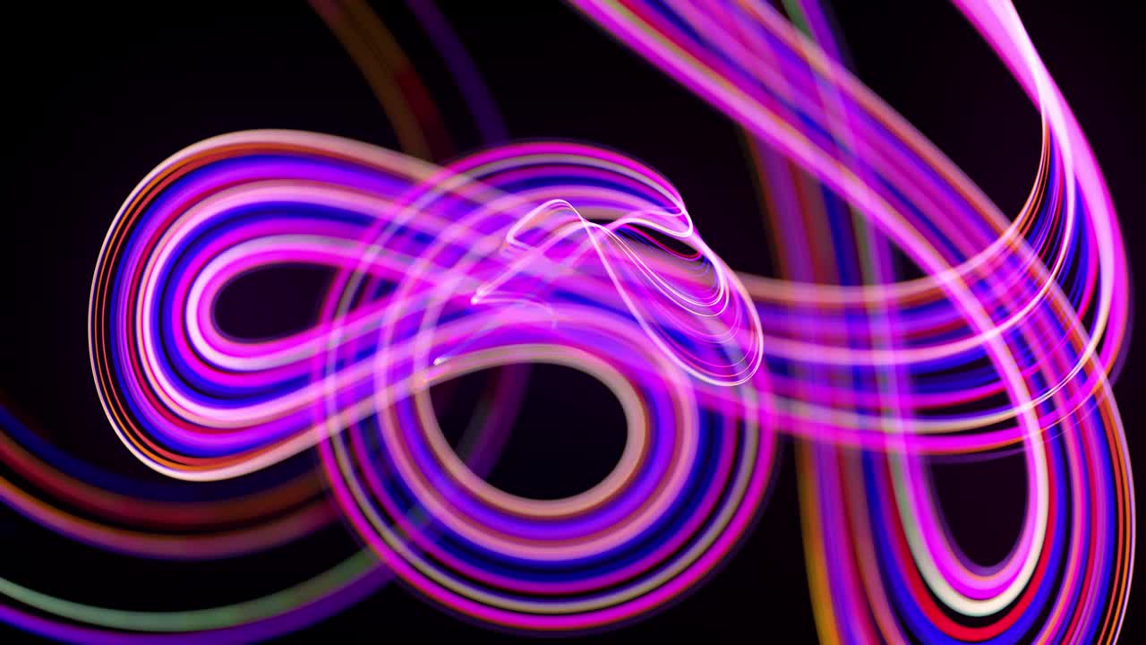 Motion graphics, sci-fi bg. Stream of multicolor neon lines form spiral shape, curls and pattern. Abstract background with light trails, Modern trendy motion design background. Light flow bg in 4k.