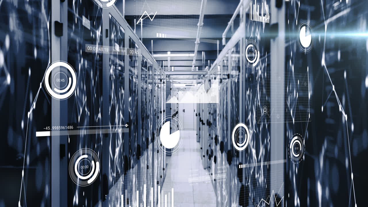 Animation of data processing and network of connections against computer server room