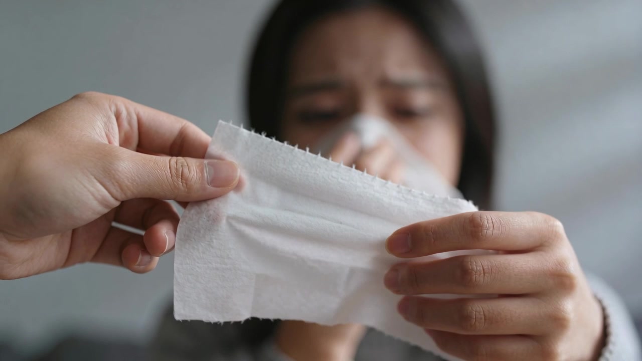Offering hands tissue to seated woman at home wearing gray top with nasal strip for relief