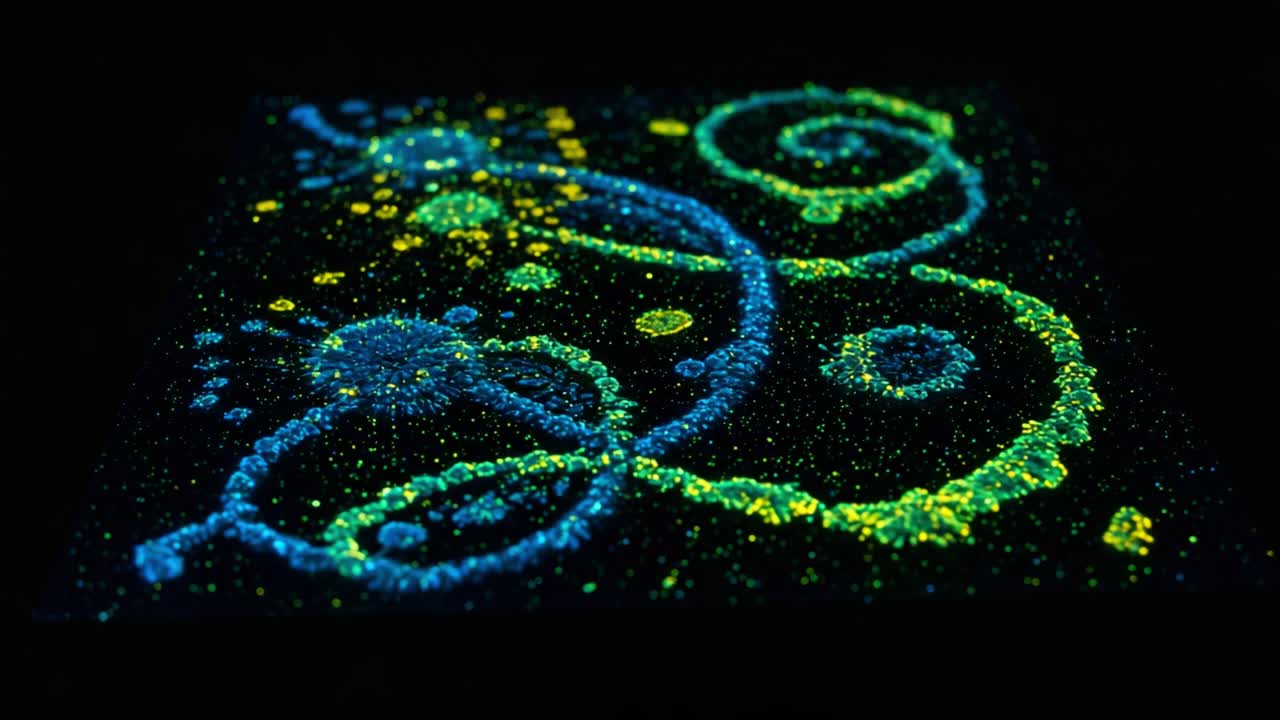 Vibrant Patterns of Light and Color: A Mesmerizing Display of Fluorescent Spirals and Shapes Captured in a Stunning Artistic Composition