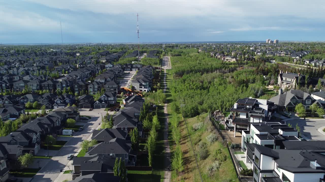 Aerial view of residential homes in suburban, Calgary, Alberta.