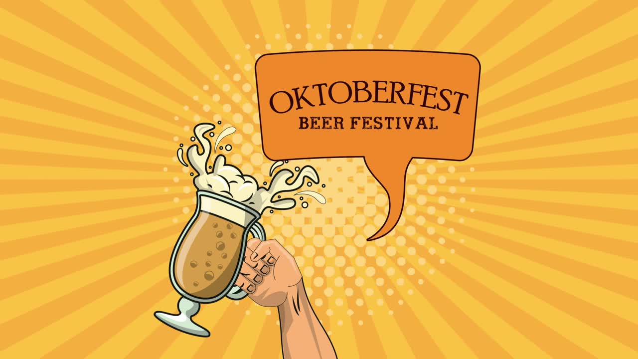 해피 오크테르페스트 축제 애니메이션: 손을 들어올리는 맥주와 연설 거품