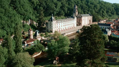 overhead view of brantôme and the town hall, aerial view in springtime, the south-western venice