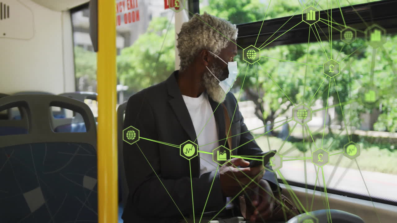 Man wearing mask sitting on bus seat, holding smartphone and showing green finance network graphics