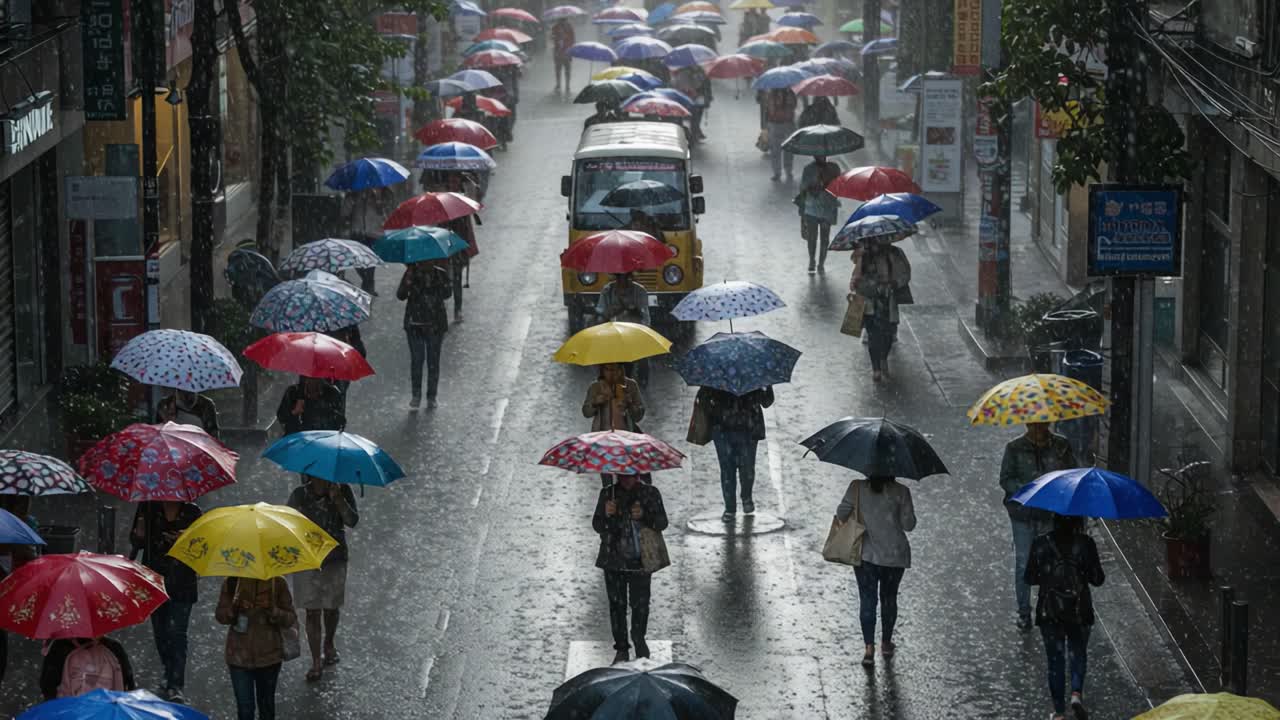 People with colorful umbrellas walk on a wet city street in the rain