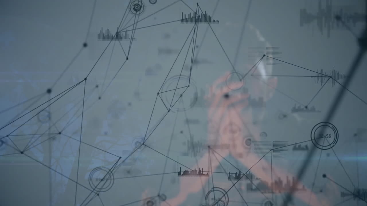 Interacting with screen, person surrounded by network of data processing animation