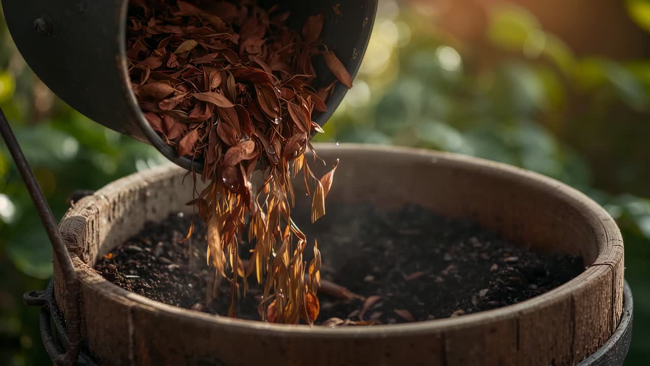 Tilting metal pail pouring dry leaf mulch into round wooden planter in garden, mulching soil