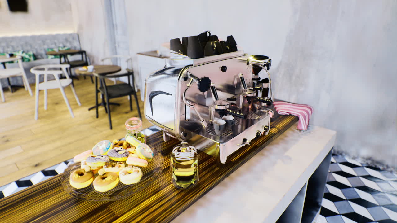 Coffee machine on a stylish countertop with delicious pastries nearby