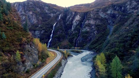 4k-60-fps-aerial-video-moving-through-Keystone-Canyon,-on-the-road-to-Valdez,-Alaska