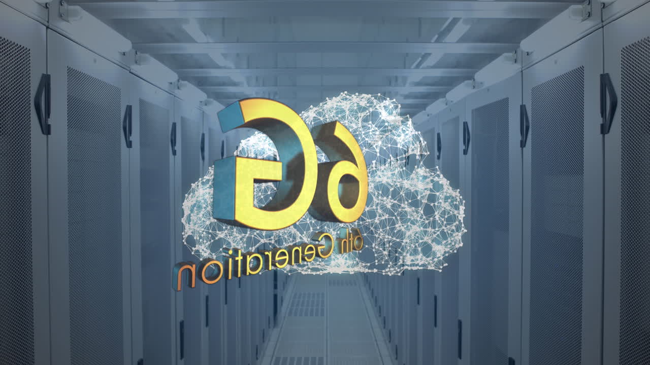 animación de texto de 6g sobre procesamiento de datos y sala de servidores