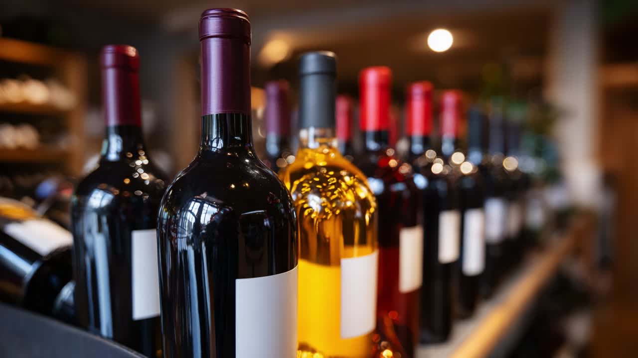 Una vivace esposizione di bottiglie di vino che mostra una varietà di colori e stili in un ambiente di vendita accogliente, perfetto per appassionati ed esperti di vino alla ricerca di nuovi sapori ed esperienze in ogni sorso