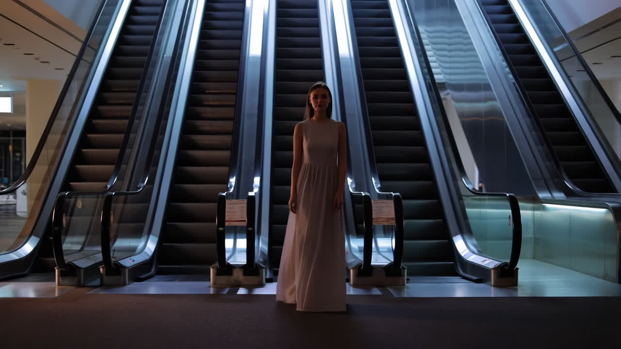 Woman in Dress in Front of Escalators