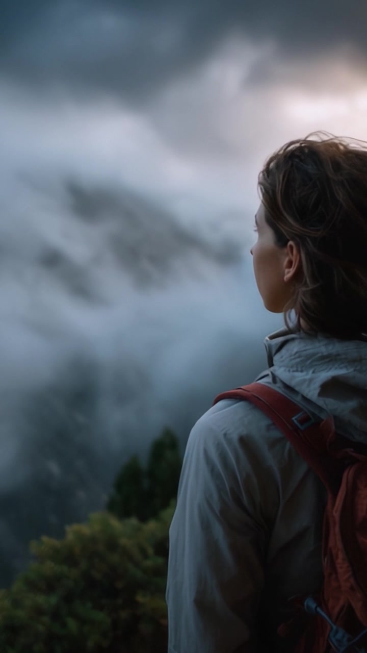 Una figura solitaria osserva un paesaggio mozzafiato, avvolta da nuvole vorticose e nebbia, riflettendo sulla bellezza della natura e sul viaggio che l'attende.