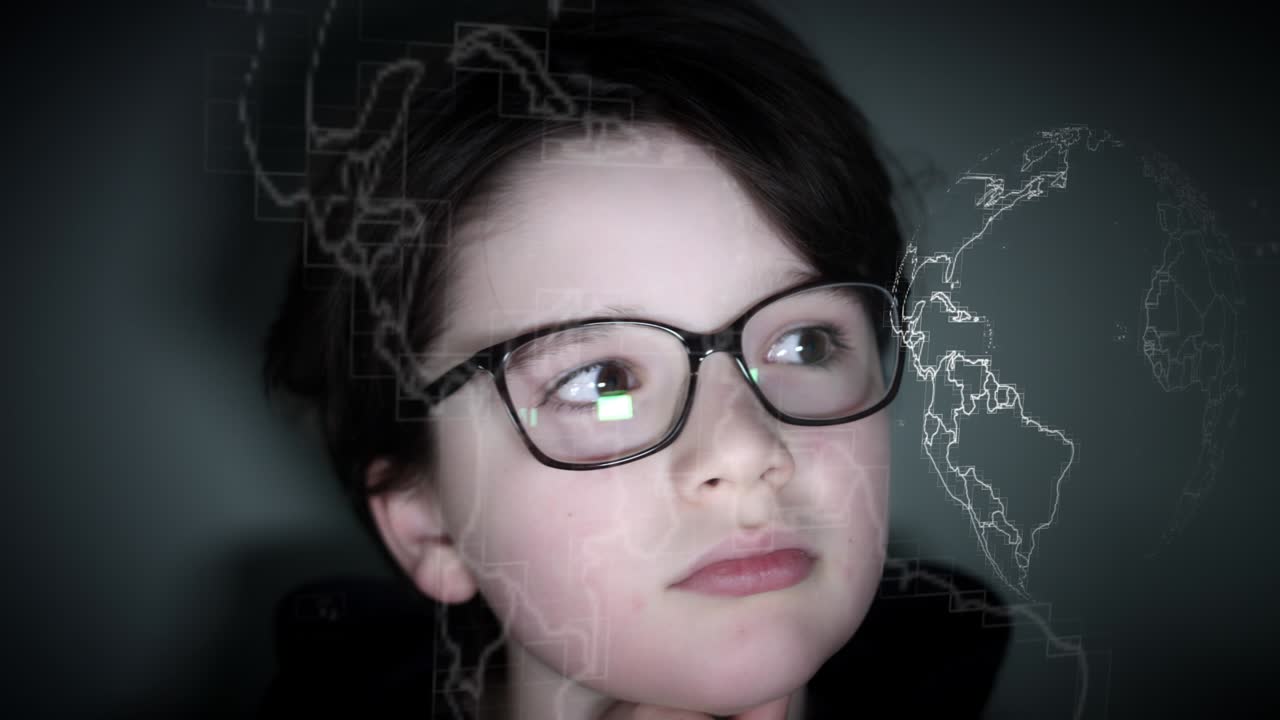 bambino futuristico in 4k che guarda l'animazione di tutto il mondo