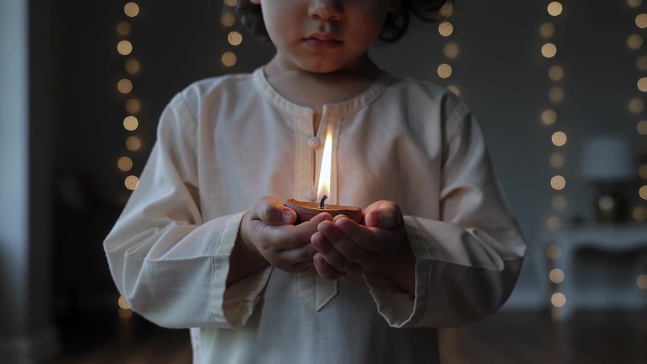 Reacting to flame flickering, cupping child in cream tunic steadying small diya at home