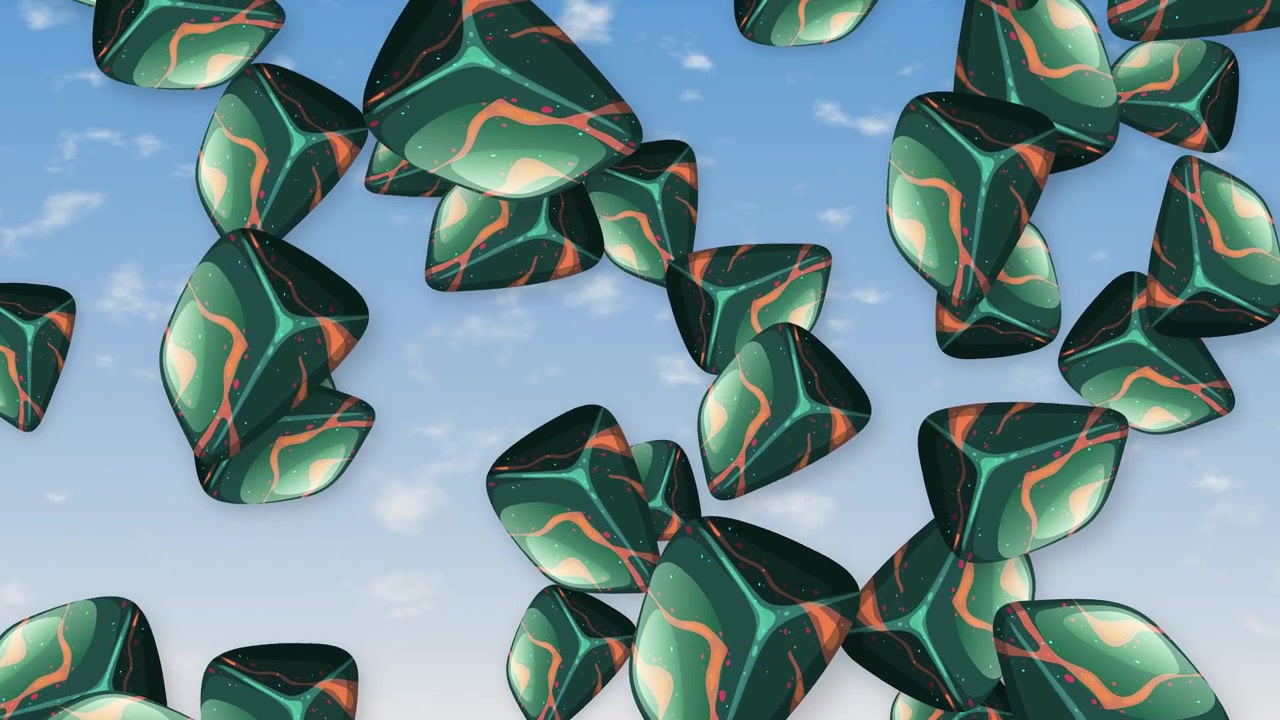 Stylized green stones with orange veins fall continuously against a bright blue cloudy sky background.