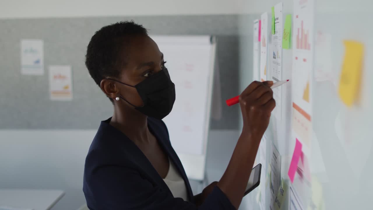 African american businesswoman wearing face mask, thinking and making notes on whiteboard
