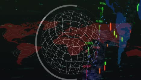 Animación-Del-Procesamiento-De-Datos-Con-Gráfico-Sobre-El-Mapa-Mundial-Y-El-Globo-Terráqueo