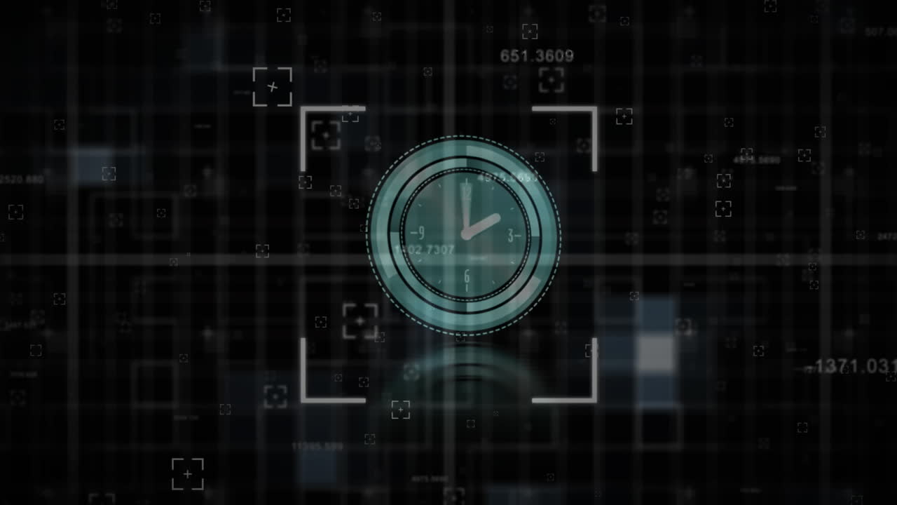 Multiple changing numbers over neon digital clock ticking against black background