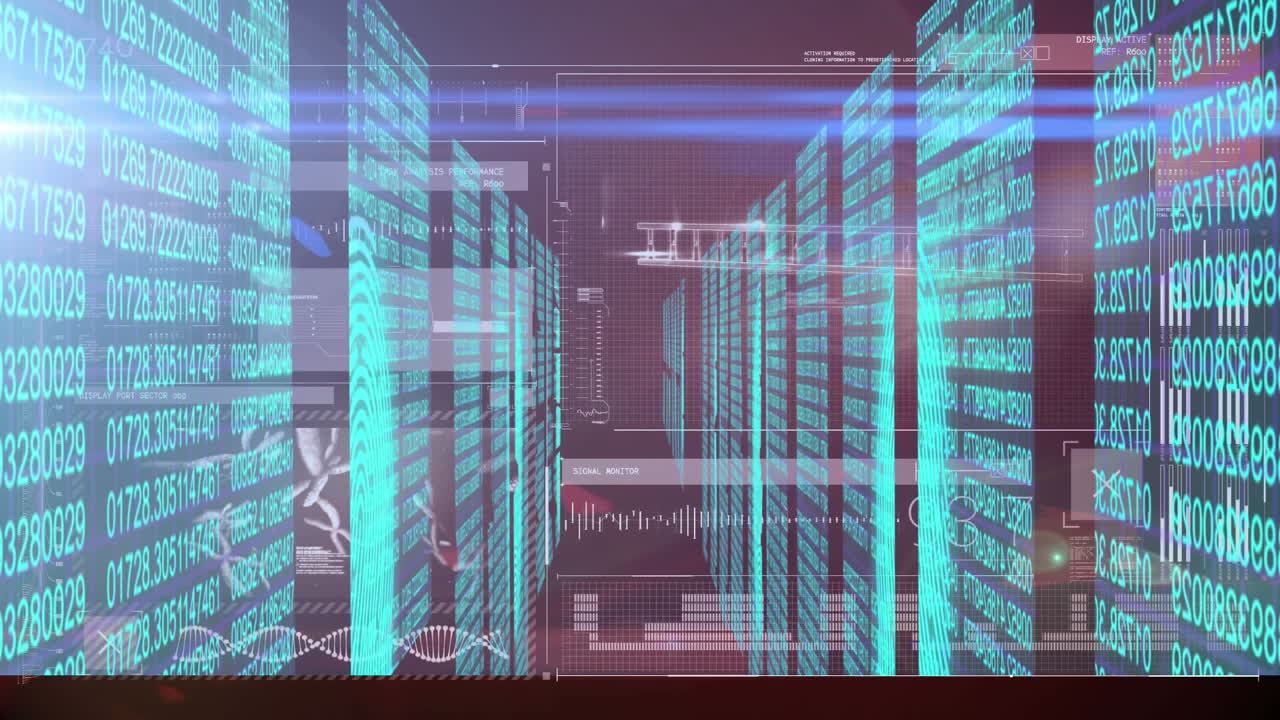 Animation of data processing with dna strand over numbers processing