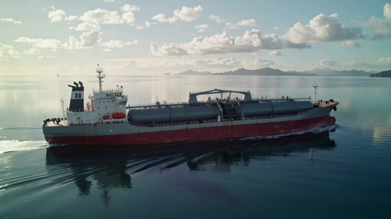 Buque cisterna navegando en una bahía tranquila, el motor creando una estela que se ensancha y un destello de sol durante el tránsito de la carga.