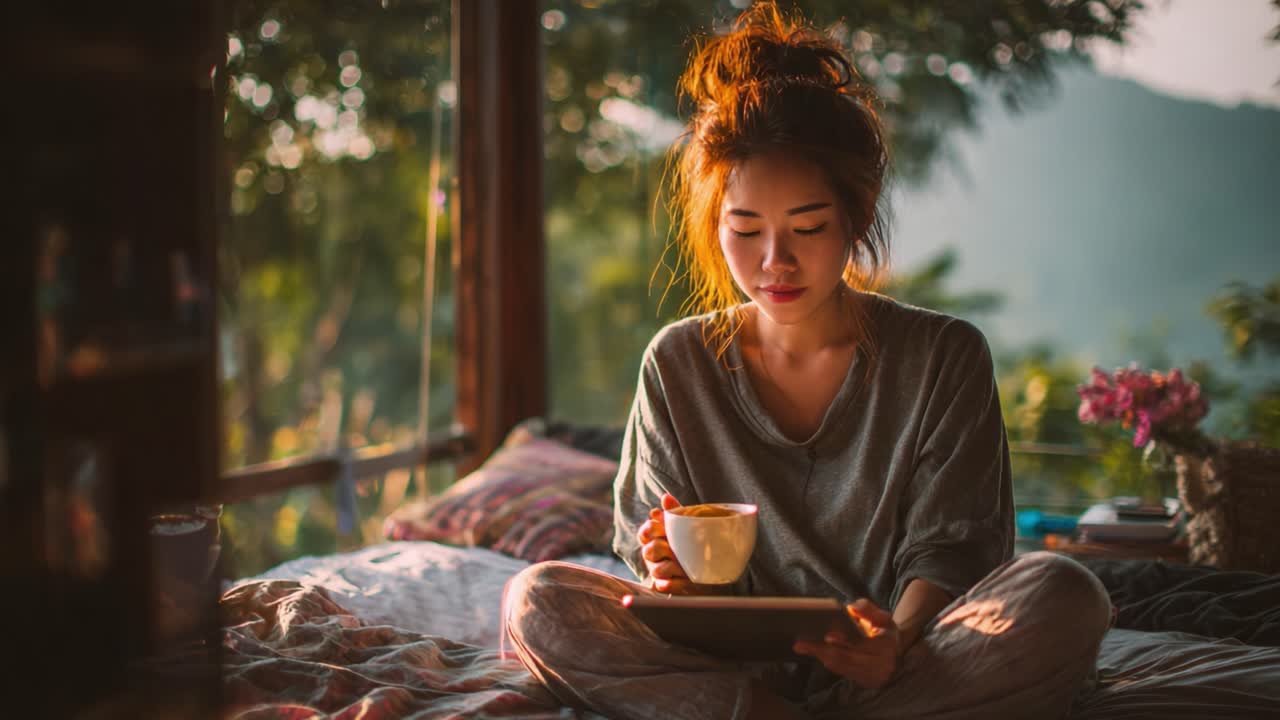 A Serene Morning: A Young Woman Enjoys a Relaxing Moment with Tea and a Tablet, Surrounded by Nature's Beauty and Soft Natural Light