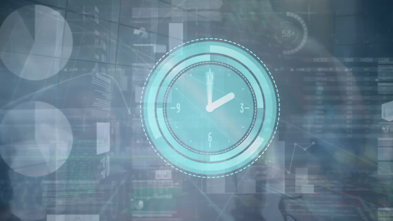 Animation of clock and financial data processing over cityscape