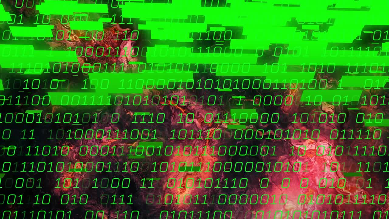 Green numerals emerging, central marbled form being overlaid by streaming binary bars, showing data