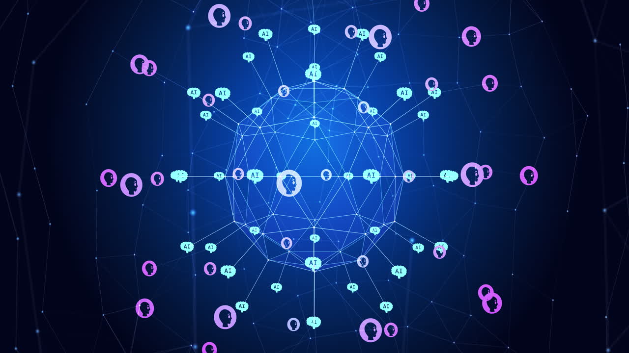Animation of globe with connections and icons over blue background