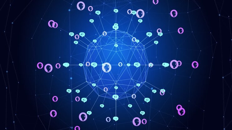 Animation of globe with connections and icons over blue background