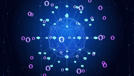 animación del globo con conexiones e iconos sobre fondo azul