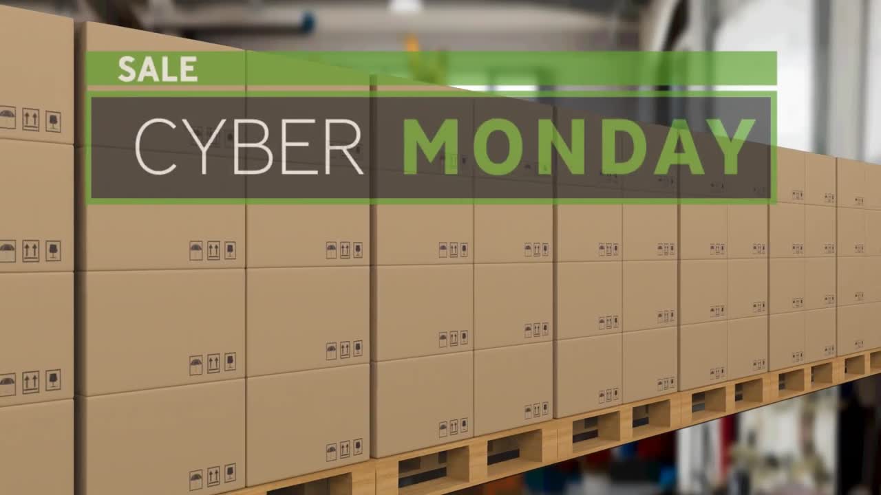 Animation of cyber monday sale text over cardboard boxes on conveyor belt