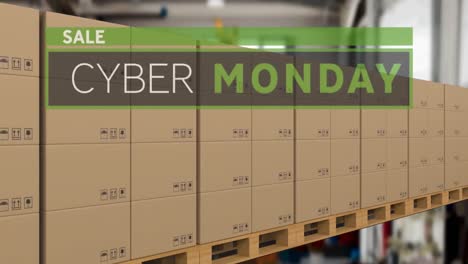 Animación-Del-Texto-De-Venta-Del-Cyber-Monday-Sobre-Cajas-De-Cartón-En-Una-Cinta-Transportadora.